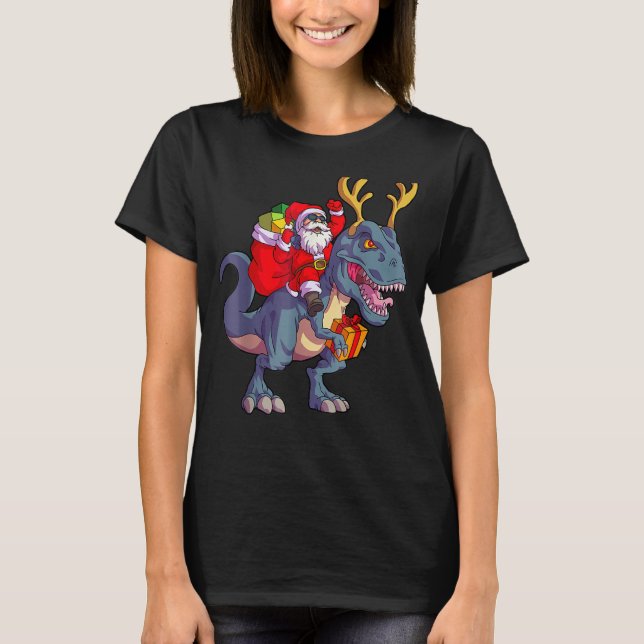 Christmas Santa Riding Dinosaur Deer Xmas Kids Boy T-Shirt (Front)