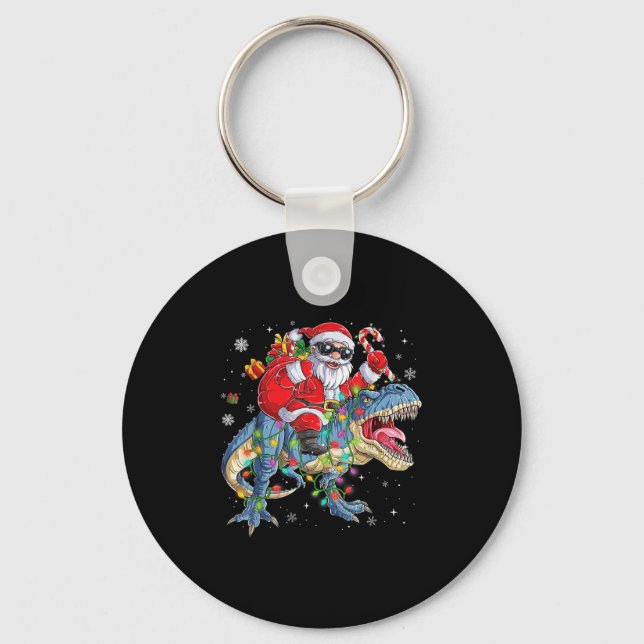 Christmas Santa Riding Dinosaur Funny Xmas Lights  Key Ring (Front)