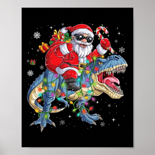 Christmas Santa Riding Dinosaur Funny Xmas Lights  Poster (Front)