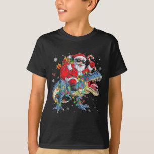 Christmas Santa Riding Dinosaur Funny Xmas Lights  T-Shirt
