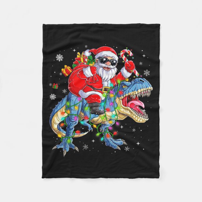 Christmas Santa Riding Dinosaur T-rex Funny Xmas L Fleece Blanket (Front)