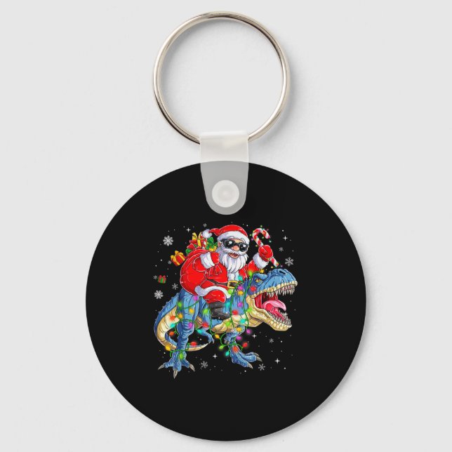 Christmas Santa Riding Dinosaur T-rex Funny Xmas L Key Ring (Front)