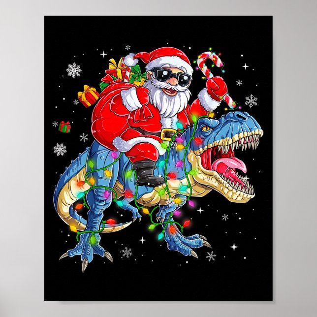 Christmas Santa Riding Dinosaur T-rex Funny Xmas L Poster (Front)