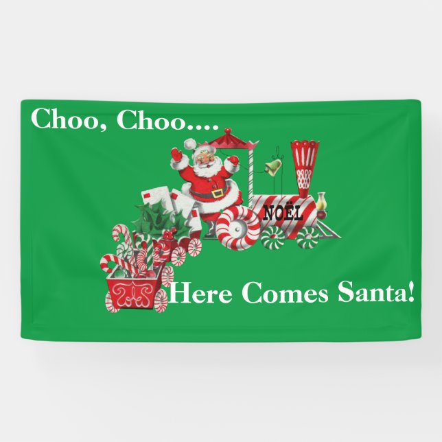 Christmas Santa Riding Peppermint Candy Train Banner (Horizontal)