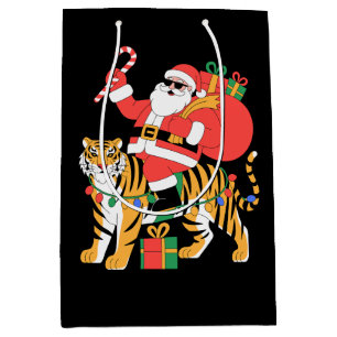 Christmas Santa Riding Tiger Candy Cane Xmas Medium Gift Bag