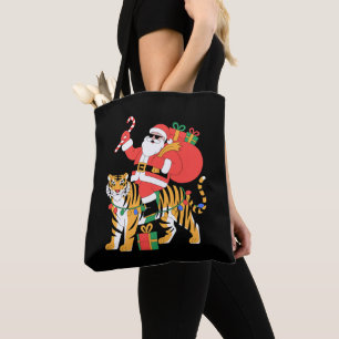 Christmas Santa Riding Tiger Candy Cane Xmas Tote Bag