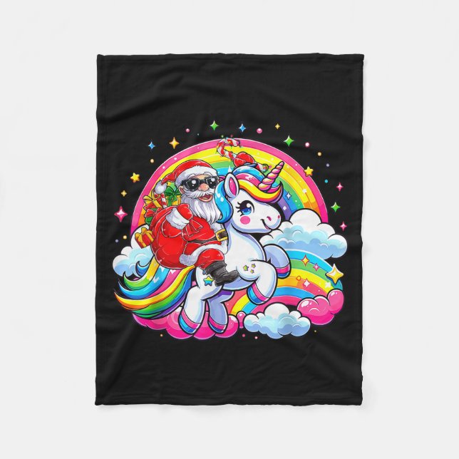 Christmas Santa Riding Unicorn Cute Xmas Girls Wom Fleece Blanket (Front)