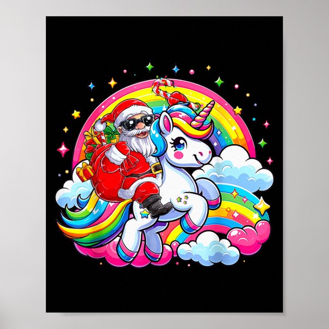 Christmas Santa Riding Unicorn Cute Xmas Girls Wom Poster (Front)