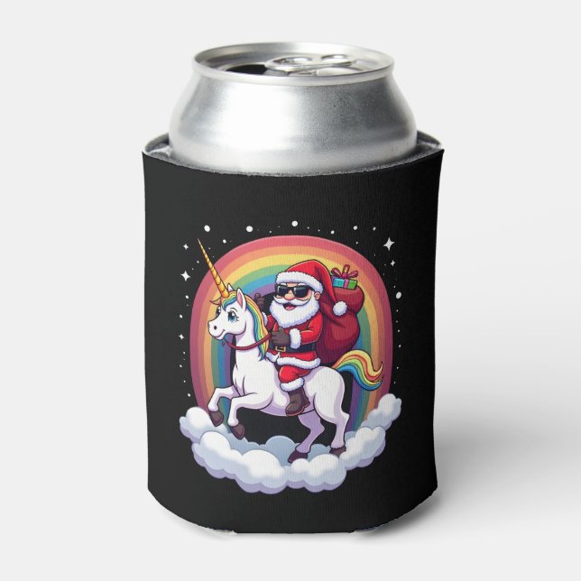 Christmas Santa Riding Unicorn Xmas Girls Women Ra Can Cooler (Can Front)