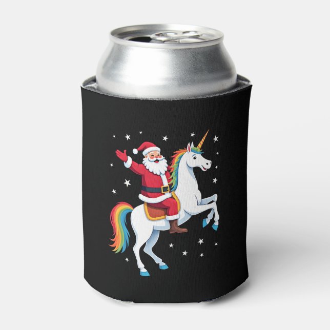 Christmas Santa Riding Unicorn Xmas Girls Women Ra Can Cooler (Can Front)