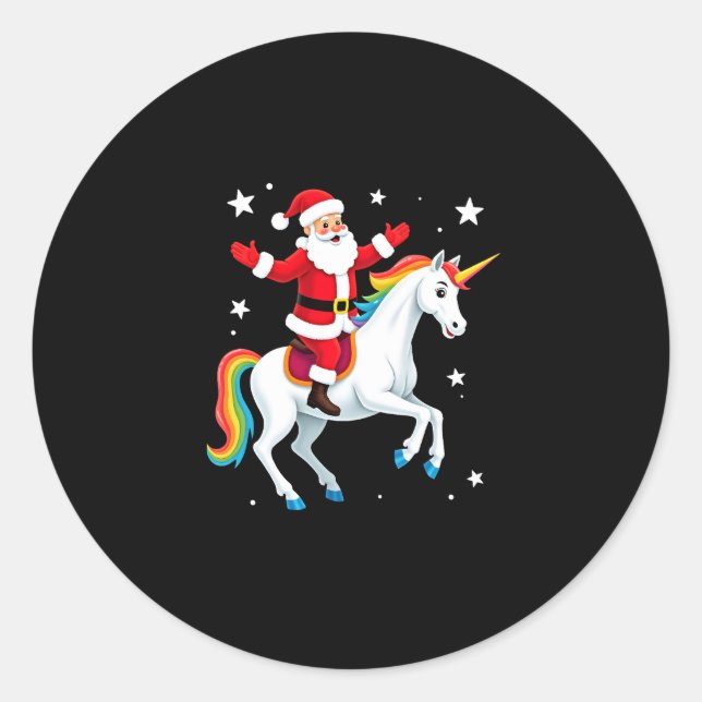 Christmas Santa Riding Unicorn Xmas Girls Women Ra Classic Round Sticker (Front)
