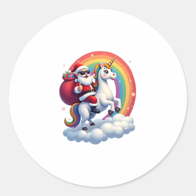 Christmas Santa Riding Unicorn Xmas Girls Women Ra Classic Round Sticker (Front)