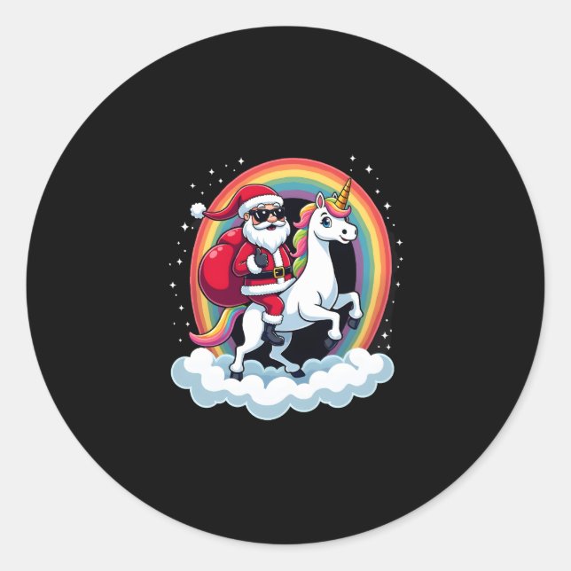 Christmas Santa Riding Unicorn Xmas Girls Women Ra Classic Round Sticker (Front)