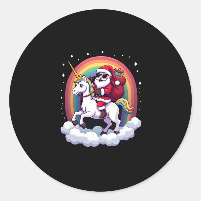 Christmas Santa Riding Unicorn Xmas Girls Women Ra Classic Round Sticker (Front)