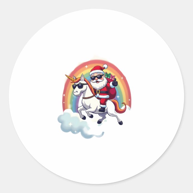 Christmas Santa Riding Unicorn Xmas Girls Women Ra Classic Round Sticker (Front)