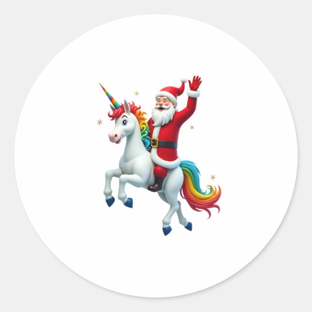 Christmas Santa Riding Unicorn Xmas Girls Women Ra Classic Round Sticker (Front)