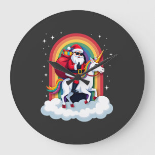 Christmas Santa Riding Unicorn Xmas Girls Women Ra Large Clock