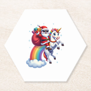 Christmas Santa Riding Unicorn Xmas Girls Women Ra Paper Coaster