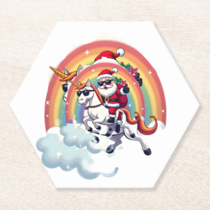 Christmas Santa Riding Unicorn Xmas Girls Women Ra Paper Coaster