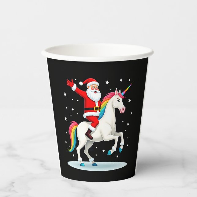 Christmas Santa Riding Unicorn Xmas Girls Women Ra Paper Cups (Front)