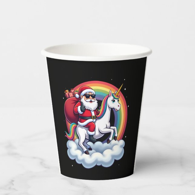 Christmas Santa Riding Unicorn Xmas Girls Women Ra Paper Cups (Front)