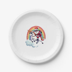 Christmas Santa Riding Unicorn Xmas Girls Women Ra Paper Plate