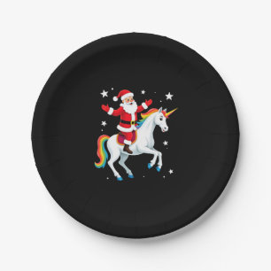 Christmas Santa Riding Unicorn Xmas Girls Women Ra Paper Plate