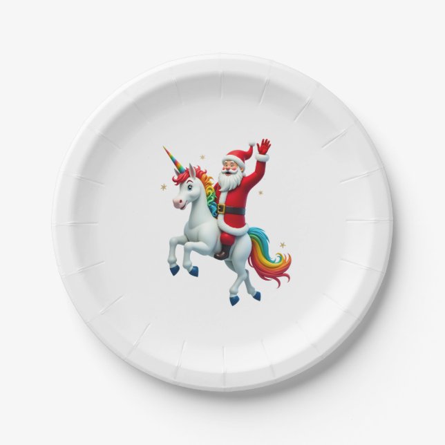Christmas Santa Riding Unicorn Xmas Girls Women Ra Paper Plate (Front)