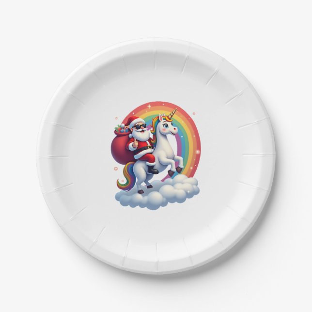 Christmas Santa Riding Unicorn Xmas Girls Women Ra Paper Plate (Front)