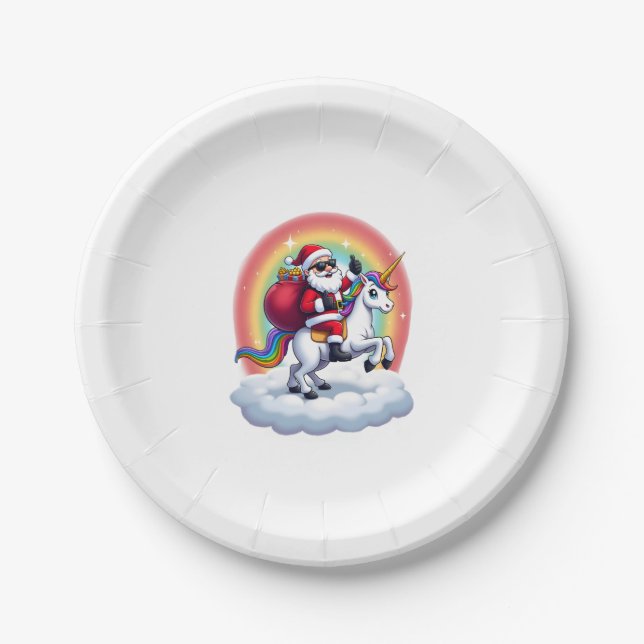 Christmas Santa Riding Unicorn Xmas Girls Women Ra Paper Plate (Front)