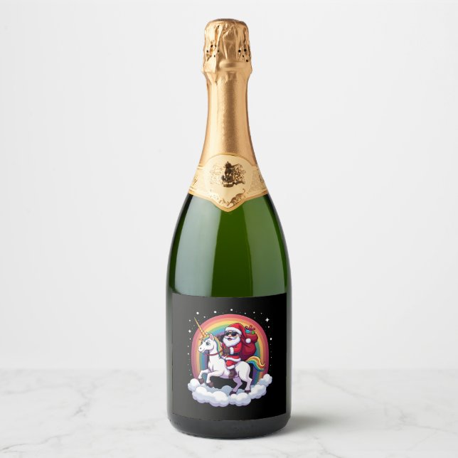 Christmas Santa Riding Unicorn Xmas Girls Women Ra Sparkling Wine Label (Front)
