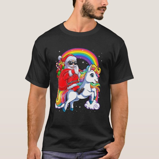 Christmas Santa Riding Unicorn Xmas Girls Women Ra T-Shirt (Front)