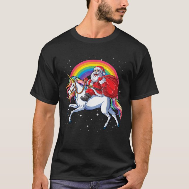 Christmas Santa Riding Unicorn Xmas Girls Women Ra T-Shirt (Front)