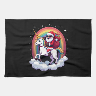 Christmas Santa Riding Unicorn Xmas Girls Women Ra Tea Towel