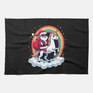 Christmas Santa Riding Unicorn Xmas Girls Women Ra Tea Towel