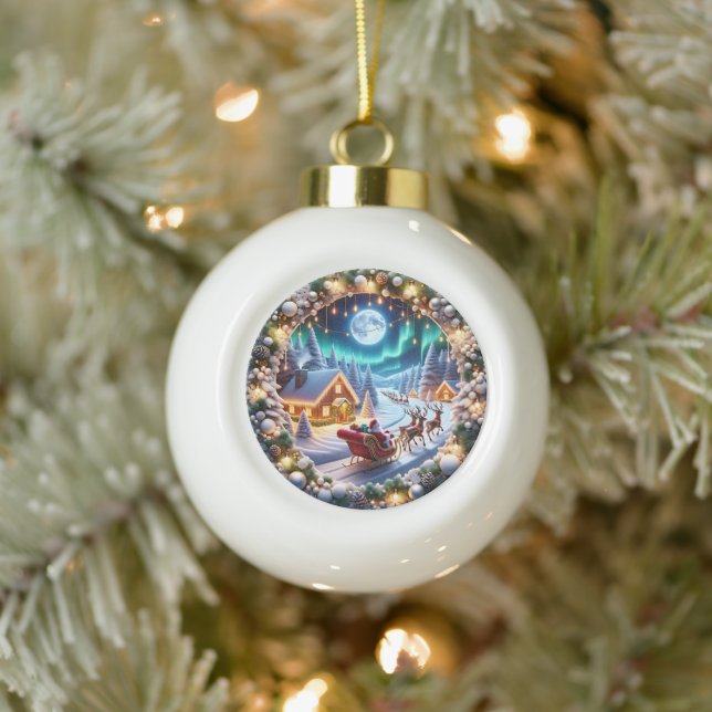 Christmas Santa’s Sleigh with Festive Winter Scene Ceramic Ball Christmas Ornament (Tree)