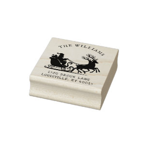 Christmas Santa Sleigh Family Name Return Address Rubber Stamp