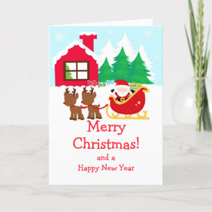 Christmas Santa Sleigh & Reindeer Merry Christmas Holiday Card