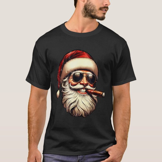 Christmas Santa Smoking Cigar With Sungl Cigar Smo T-Shirt (Front)