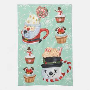Christmas Santa & Snowman Hot Cocoa & Cupcakes  Tea Towel