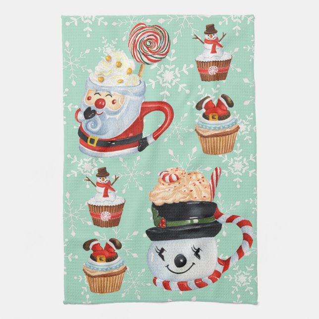Christmas Santa & Snowman Hot Cocoa & Cupcakes  Tea Towel (Vertical)