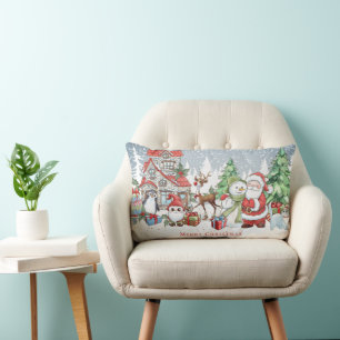 Christmas Santa Snowman Rudolph Card Lumbar Cushion