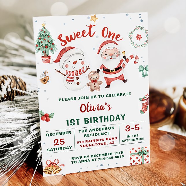Christmas Santa Snowman Sweet One Birthday Invitation (Creator Uploaded)