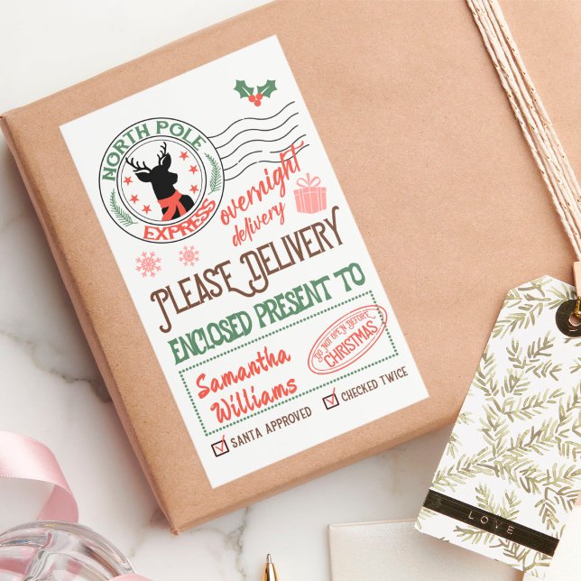Christmas Santa special delivery with name Rectangular Sticker (Creator Uploaded)