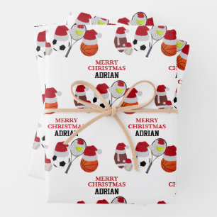 Christmas Santa Sports Athletic Balls Custom Name  Wrapping Paper Sheet