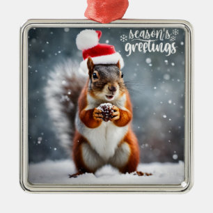 Christmas Santa Squirrel with Pinecone  Metal Tree Decoration