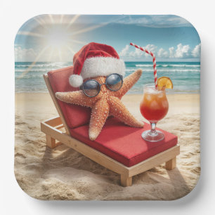 Christmas Santa Stafish On a Chaise Lounge Paper Plate