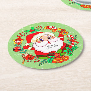 Christmas Santa Stocking Cane Present Holly Round Paper Coaster