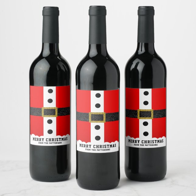 Christmas Santa Suit Funny Modern Glitter Belt Wine Label (Bottles)