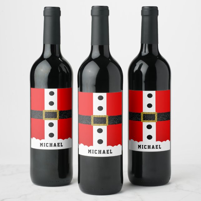 Christmas Santa Suit Funny Modern Glitter Belt Wine Label (Bottles)